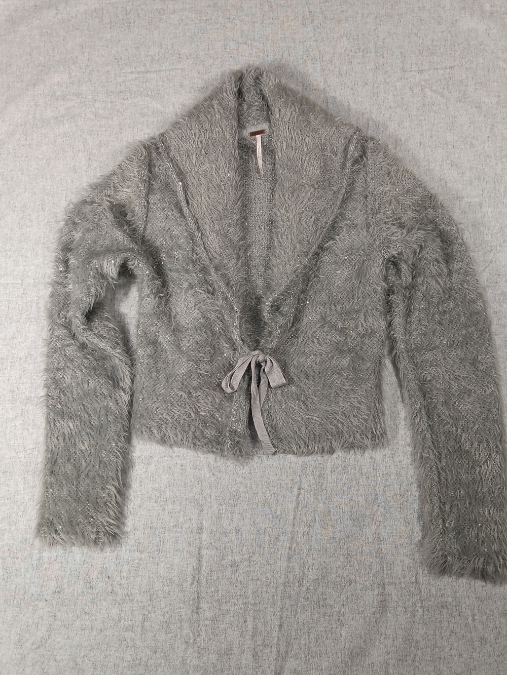 Free People Cardigan Women Grey Sequin Eyelash Knit Tie Front Soft Size S